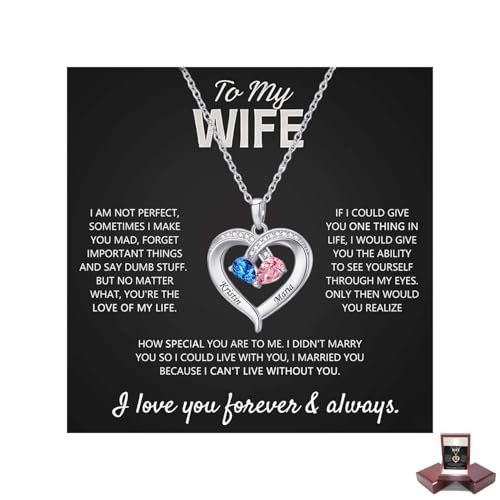 For Wife - I Love You Forever & Always Customized Double Birthstones & Names Necklace S925 Silver Familys Love Engraved Name Pendant Valentines Day Jewelry Gifts for Women (Silver)