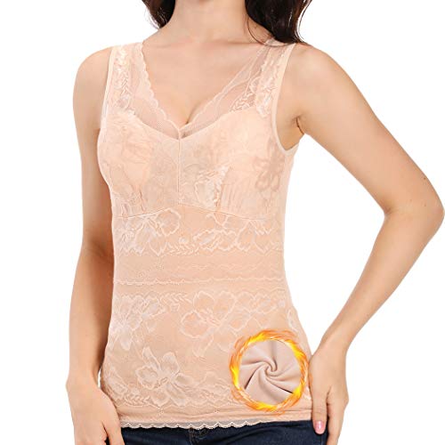 Lace Thermal Shirts for Women Sleeveless V-Neck Fleece Lined Winter Camisole Tops Vest (Beige, Small)