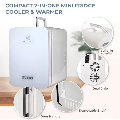 Image of KILIG Frio+ Mini Fridge | Portable Cooler & Warmer | 240V AC & 12V DC Power for Home & Car | Smart Temperature Control | Perfect for Food & Beverages, Travel, Skincare, Medicine | White