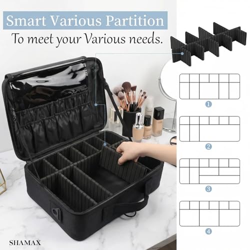 Image of SHAMAX Professional Makeup Bag for Women Travel Cosmetic Kit Storage (2-Layer) Vanity Bag Cosmetics Makeup Brush Bag with Adjustable Dividers Portable Zipper Closure(Black) - Adjustable Strap