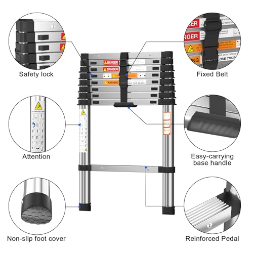 Telescopic Ladder 2.6m/8.5FT,Stainless Steel Lightweight Extension Ladder with Automatic Locking,Non-Slip Feet,Load 150kg/330lb,Multi-Purpose Collapsible Ladder for Household and Outdoor Working 3 Telescopic Ladder 2.6m/8.5FT,Stainless Steel Lightweight Extension Ladder with Automatic Locking,Non-Slip Feet,Load 150kg/330lb,Multi-Purpose Collapsible Ladder for Household and Outdoor Working - Image 3