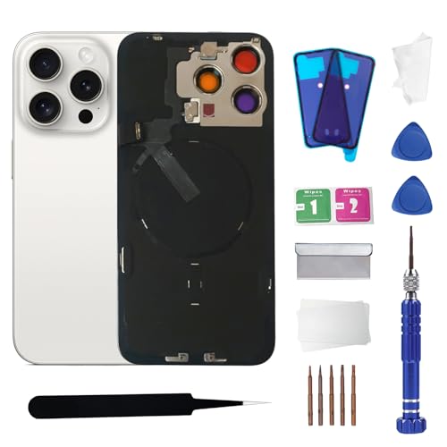 15 Pro Max Back Glass Replacement with Wireless Charging Flex Cable and Camera Frame All Parts for iPhone 15 Pro Max(6.7Inch,White) Replacement of Equipment Waterproof Tape
