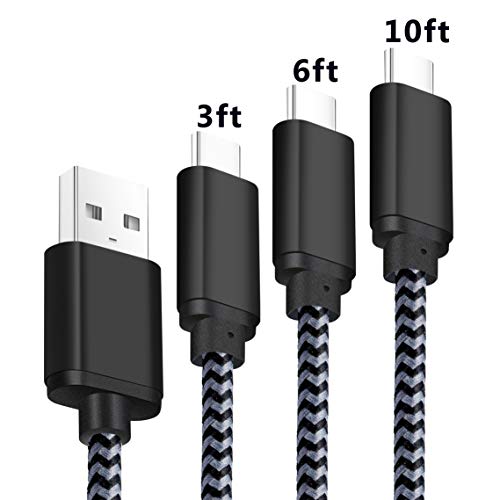 Power-7 Galaxy S10 Charger, USB A to USB C Cable, (3-Pack, 3FT+6FT+10FT) Nylon Braided USB Type C Fast Charger Cable Compatible with Samsung Galaxy S10 S10e S9 S8 Plus Note 9 8, LG V40 G8, Pixel 3 2
