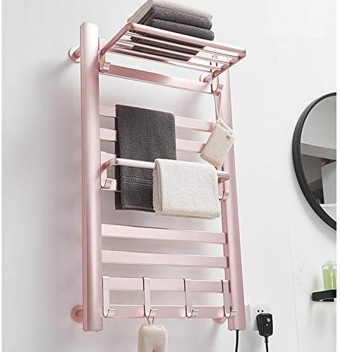 Wall-Mounted Heated Towel Rack, 10 Tube Flat Tube Plug-in Electric Towel Warmer, Adjustable Temperature, Smart Switch, Waterproof Towel Rail for Bathroom, Aluminum Alloy,Pink