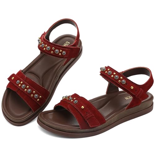 Image of UBFEN Womens Flat Sandals with Adjustable Back Strap, Arch Support | Beaded, Open Toe, Slingback, Casual, Comfortable for Walking, Vacation and Travel