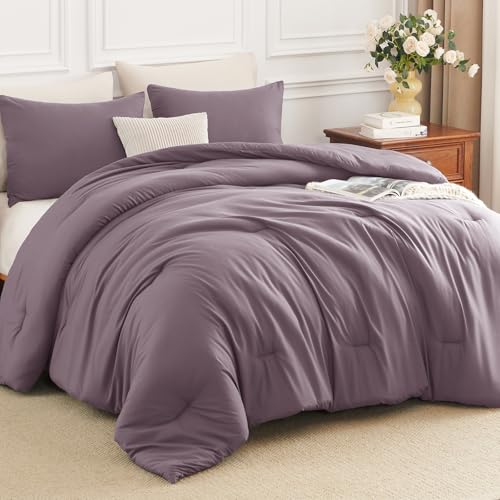 Image of HIMEET King Size Comforter Set, 3 Pieces with 2 Pillowcases, Dusty Purple | 270GSM Down Alternative Fill, Oeko-TEX Certified, 8 Corner Ties Quilted, All Season, Fluffy Bed Set, Bedroom Decor Bedding