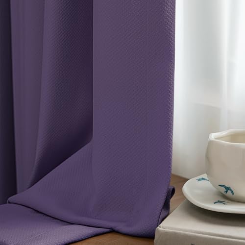 Image of FMFUNCTEX 100% Blackout Curtains for Bedroom, Purple Curtains 84 Inches Long Textured Thermal Insulated Curtains for Living Room Drapes, Black Out Drapery Grommet Room Darkening 2 Panels