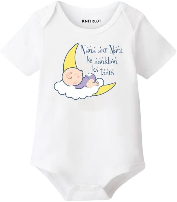 KNITROOTKNITROOT Nana Nani Family Special Onesies, Unisex Baby Kids Cotton Lycra Envelope Neck Half Sleeve White Romper, Bodysuit, Sleepsuit, Nana Nani Ke Aankhon Ka Taara, 0-3 Months for Boys & Girls