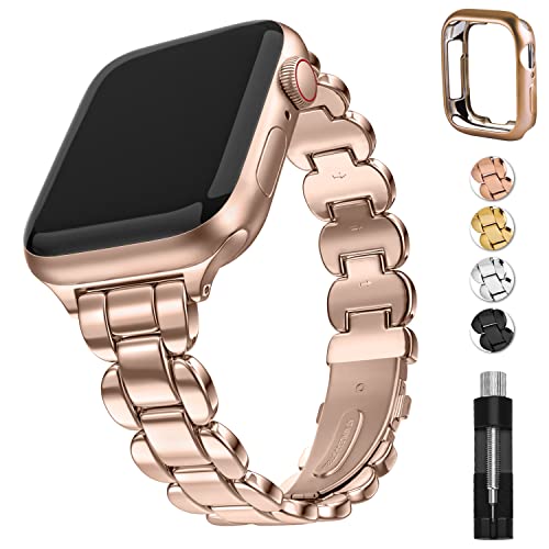 Fullmosa Apple Watch-remmar i roséguld 38 mm 40 mm 41 mm för serien 8/7/6/5/4/3/2/1/SE/SE2 med TPU-fodral snyggt kvinnor smalt metall iWatch klockarmband