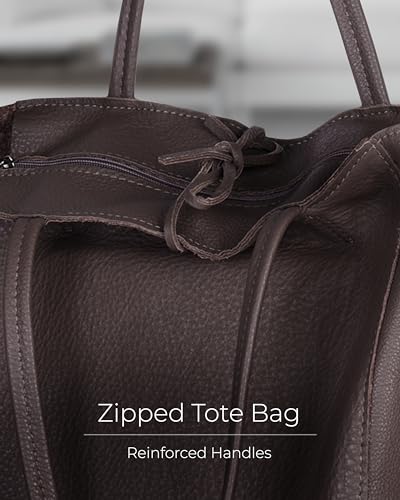 Image of Genuine Italian Leather Tote Bag for Women, Large Slouchy Purse, Chocolate | Unstructured bag, raw unlined interior with zip pocket, top zipper, side ties, folds flat, fits a 16-inch laptop, lightweight