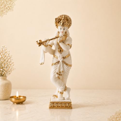 Image of ARMONIA Lord Krishna Idol Marble Dust Statue Murti |Krishana Sculpture for Home Decor,Pooja ghar,Mandir & Gifting Item |Best Gift for Wedding & Housewarming(11.8 inch,White) (Include Microfiber cloth)