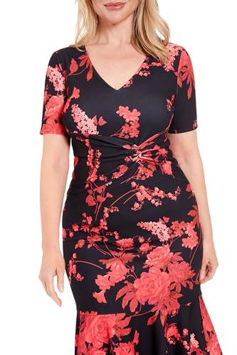 Image of London Times Women's V-Neck Dress - Flounce Hem, Twist Waist, Elegant Office & Event Wear