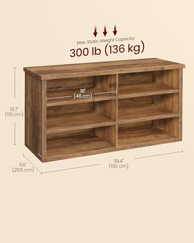Image of VASAGLE Shoe Bench, Storage Bench, 6 Compartments, Adjustable Shelves, for Living Room, Entryway, Dorm, 11.6 x 39.4 x 19.7 Inches, Honey Brown ULSB036K01