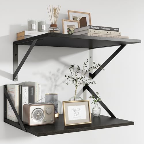 Feihorrm Wandregal Schwarz, Regal 30cm Tief, Schweberegal 40cm Breit, Regal Wand 2er Set mit Metall Halterung, Spanplatte Holzregal für Wohnzimmer, Badezimmer, Küche, Schwarz, 40 x 30 x 15 cm