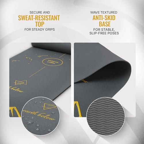 Image of Wiselife Tpe Printed 6MM Yoga Mat + Yoga Strap For Men, Women, Kids|Anti-Slip Extra Thick, Long & Wide Exercise Sports Mat For Workout, Fitness, Yoga, Gym, Home & Pilates (Elements-Nature), Grey