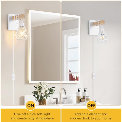 Image of Lomoky White Plug in Wall Sconces Set of Two, Modern Wall Lights with 5.25FT Plug in Cord, Wooden Bedside Wall Lamps with Metal Shade, Industrial Wall Lighting Decor for Living Room, Hallway, Stairs