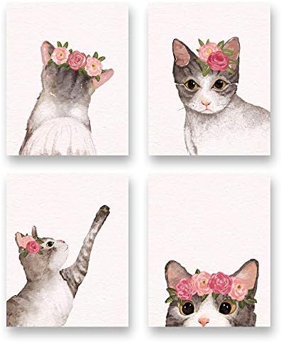 Watercolor Lovely Cat Art Print- Flower Pet Cat Canvas Wall Art-(8”X10”X 4 pcs, Unframed)-Modren Animal Themd for Kids Bedroom Pet Shop Decoration