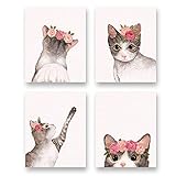 Watercolor Lovely Cat Art Print- Flower Pet Cat Canvas Wall Art-(8”X10”X 4 pcs, Unframed)-Modren Ani