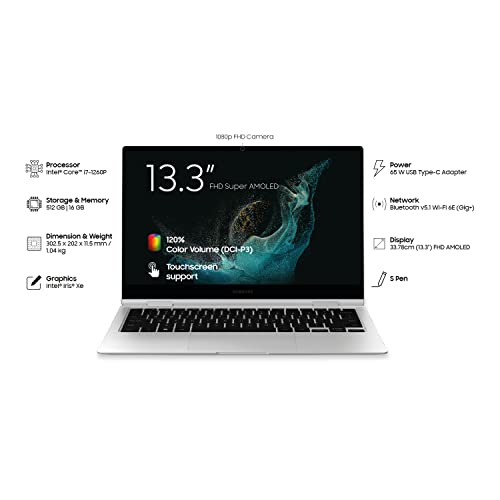 Image of Samsung Galaxy Book2 Pro 360 13.3 inch Display Intel 12th Gen core i7-1260P Processor, 16 GB RAM, 512 GB, Dolby Atmos Sound