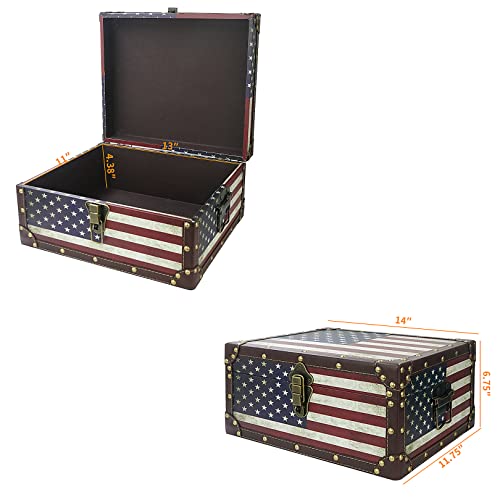 Dreamseden Large Vintage Decorative Storage Trunk - Wooden American Flag Treasure Chest Box, 13.8" X 11.8" X 6.7" #TOP3