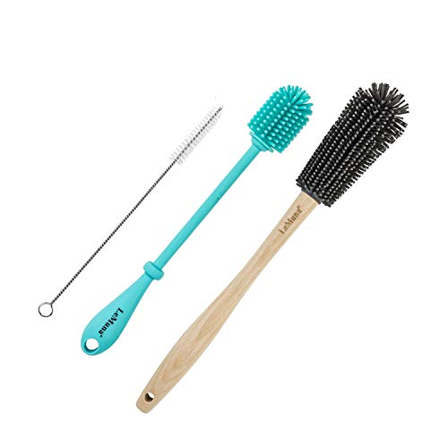 Image of LeMuna Water Bottle Cleaner Brush Set (Silicone Bottle Brush & Wooden Handle Silicone Bottle Brush) with Straw Brush for Narrow Neck Containers, Hydro Flask, Sports Bottle, Glassware