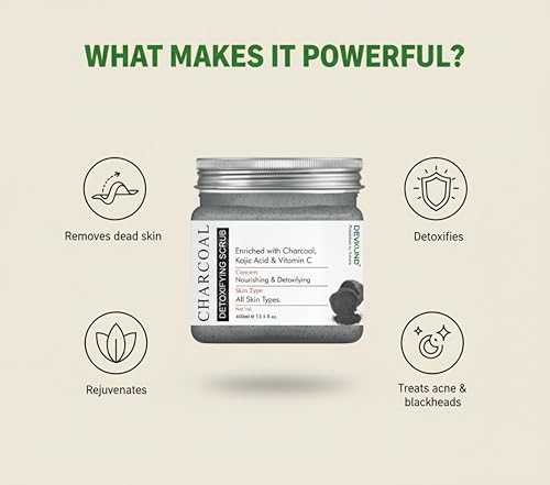 Image of Charcoal Detoxifying Scrub | Enriched with Activated Charcoal, Kojic Acid & Vitamin C | Deep Cleansing, Brightening & Tan Removal Face & Body Scrub - 400ml