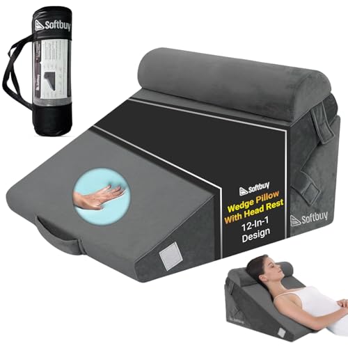 softbuy Orthopaedic 12 in 1 Bed Wedge Pillow with Head Rest – Convertible Gel Memory Foam Wedge Pillow for Bed Adult – Ideal for Reading, Sitting, Acid Reflux, Back, Leg Pain & GERD – Washable Cover