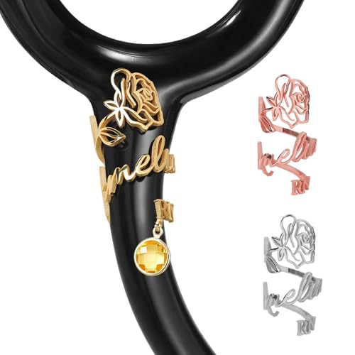 Etiqueta de estetoscópio personalizada com nome gravado, encantos personalizados para enfermeiros, médicos e profissionais médicos, acessórios de aço inoxidável com pedra natal e ícone, elegante