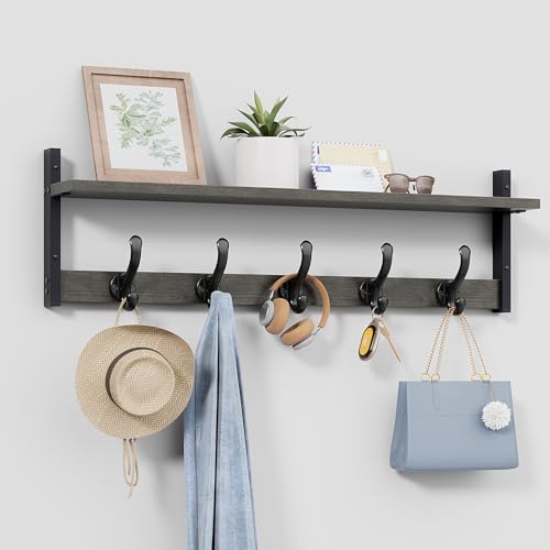 Image of Tatub 29 inch Rustic Coat Rack Wall Mount with Shelf, Entryway Wall Hooks with Shelf, Coat Hangers for Bathroom, Living Room, Bedroom, Dark Grey