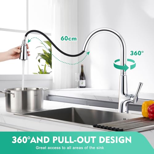 CREA Infrarot Sensor Wasserhahn Küche,Automatische Mischbatterie Küche mit 3 Modus Herausziehbarer Brause, Berührungsloser Küchenarmatur Ausziehbar, Spültischarmatur Küche mit Sensor, Chrom