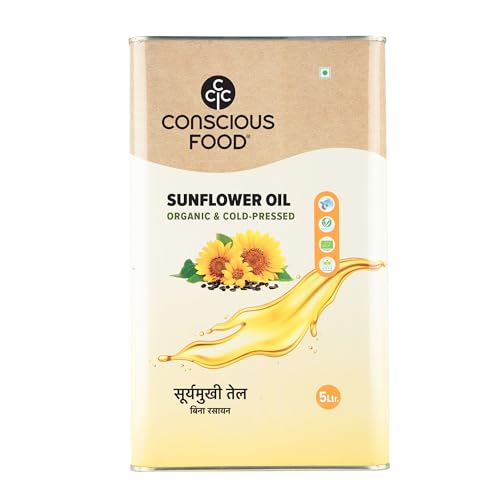 Image of Conscious Food Cold Pressed Sunflower Oil | 5 Litre | Natural | Healthy Cooking Oil | Tin Can | High in Antioxidants, Delicious & Healthy