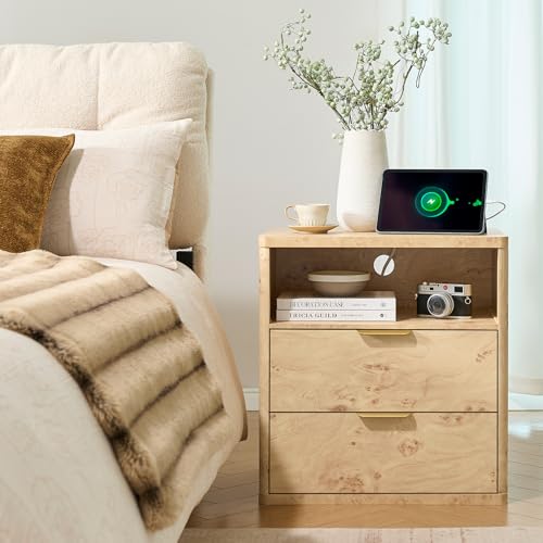 Awescuti Burl Finish Nightstand with Charging Station - Farmhouse Bedside Table with USB & 2 Outlets, Night Stand with Drawer and Large Open Shelf, Vintage Dresser for Bedroom, 2 Drawers - Image 6