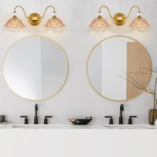 Image of Vintage Bathroom Vanity Light, 2-Light Matte Brass Finish Vanity Light with Floral Amber Glass Shades, Retro Wall Sconce for Bathroom, Dressing Table
