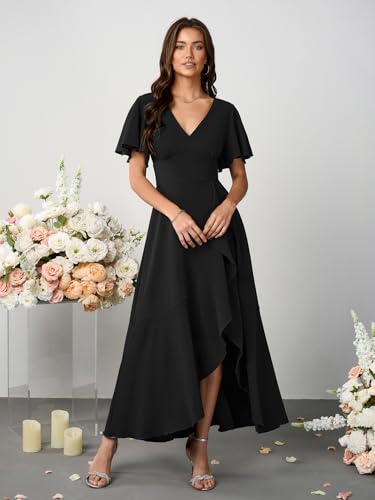 SCOMCHIC Women Wedding Guest Dresses Formal Evening Party Cocktail Short Sleeve V Neck Ruffle Split Flowy Maxi Dress2