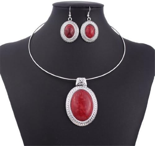 Chunky Oval Turquoise Tibet Silver Pendant Torque Necklace Earrings Choker Set