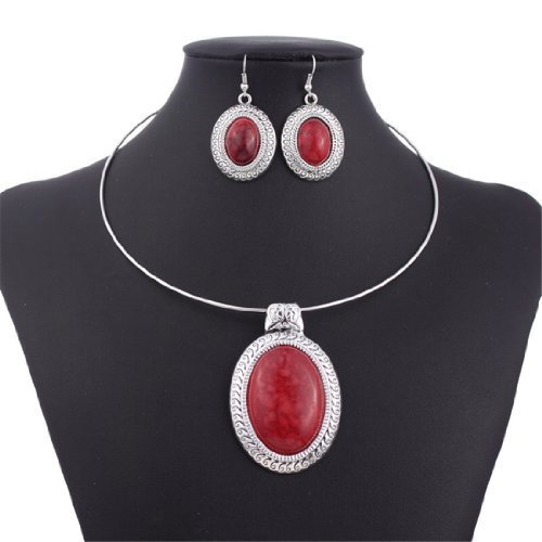 Chunky Oval Turquoise Tibet Silver Pendant Torque Necklace Earrings Choker Set