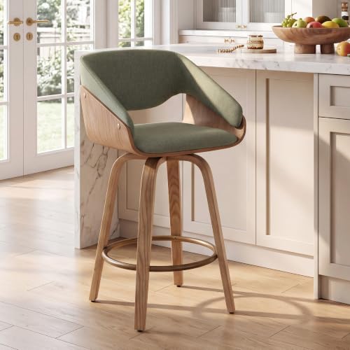 Image of HNY 26 inch Swivel Bar Stool Set of 1, Green Linen Counter Height Barstool | 360 Swivel Bar Height Stools, Barrel Backrest, Solid Wood Frame, Round Footrest, Counter Stools for Kitchen Island, Home Bar
