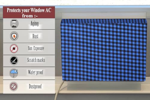 Image of The Furnishing Tree Elastic fit waterproof Polyester window ac cover suitable for Croma 1.5 Ton, Dustproof cover for inner and outer section, In CM: (62.23x66.04x43.18), Checkered Pattern Blue