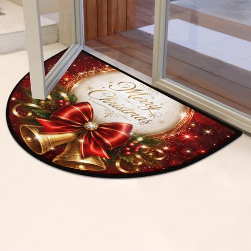 Image of Half Round Doormat Washable Kitchen Semi Circle Rug xmas Golden Bell Holly