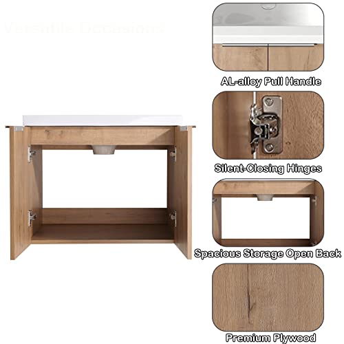 Ssline Wall Mounted Bathroom Vanity With Sink Combo Modern 24-Inch Single Bathroom Vanity Set With Top Basin & Storage Cabinet Brown Wood Hanging Bath Cabinet W/Resin Sink For Small Space (24"-Brown) #TOP5