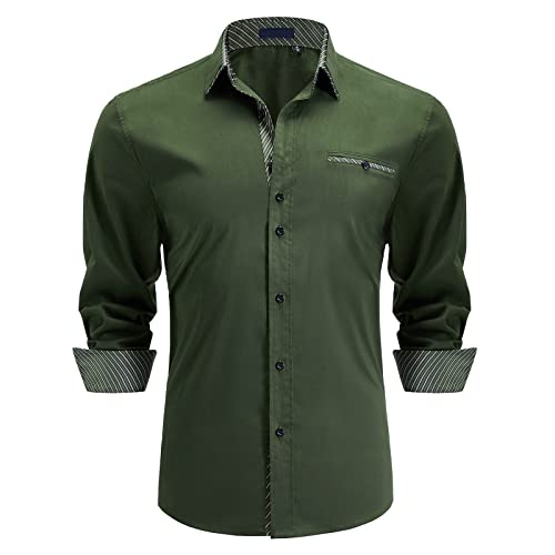 Enlision Camisas Casuales y Formales para Hombre - Manga Larga, Elegante, Verde M