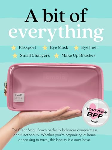 Embla Medium Clear Makeup Bag Travel for Toiletries Cute Make Up Nylon Organizer Pouches Quart Size Cosmetic Bags for Women Girls Zipper Toiletry Skincare Pouch Organizer for Purse Light Pink
