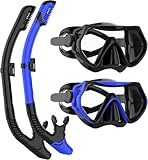 Snorkeling Gear for Adults, JRing Snorkel Mask Set with 180 Degree Tempered Glass Anti Fog Goggles Scuba Dry Top Snorkel for Swimming, Scuba Diving Mask for Men Women (Black+Blue)