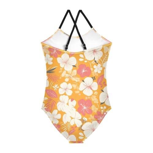 KLL Vintage Yellow Orange Floral Pattern Girls' One Piece Swimsuit Summer Swimming Suits Adjustable Strap Quick-Dry2