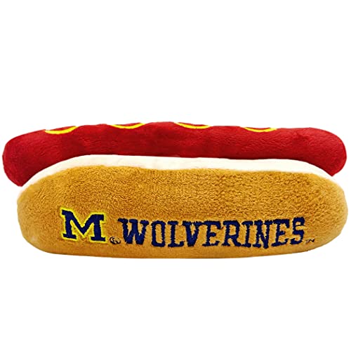 Pets First NCAA Michigan Wolverines HOT Dog Plush Dog & CAT Squeak Toy- Cutest HOT-Dog Snack Plush Toy for Dogs & Cats with Inner Squeaker & Beautiful Football/Basketball Team Name/Logo