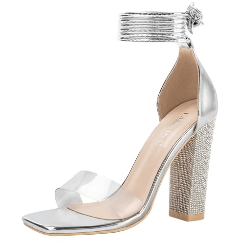 LALA IKAI Womens Gold Rhinestone High Heels Sandals Ankle Strappy Clear Chunky Heels Dress Shoes
