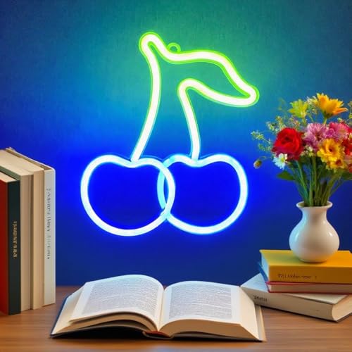 Image of Cherry Neon Signs Aesthetic Decor for Birthday Fruit Themed Party Favors,Baby Shower Decorations,Girls Bathroom Christmas Wall Art,USB or Battery Powered