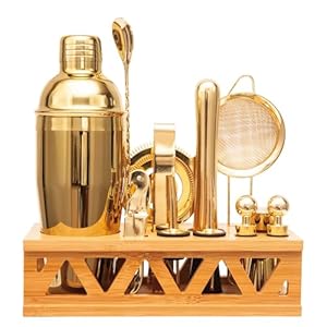 Cocktail Shaker Set Bartender Kit with Bamboo Stand,13 Piece Bar Set Stainless Steel Bar Tools Set for Professional Bartender and Home (Gold)