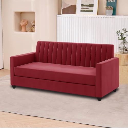 Image of 3+2 Fabric Sofa Set with Ottoman for Living Room | Modern Upholstered 5-Seater Couch | Soft Cushion, Premium Velvet Fabric - Red Color