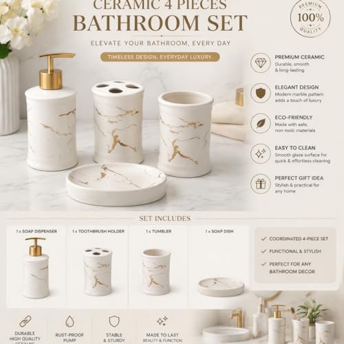 Image of Whizzo Ceramic Bathroom Set - Italian 4 Piece Bath Accessories Set with Soap Dispenser, Toothbrush Holder, Tumbler & Soap Dish - Modern & Designer Decor for Home & Guest Bathrooms (BS-822-White)